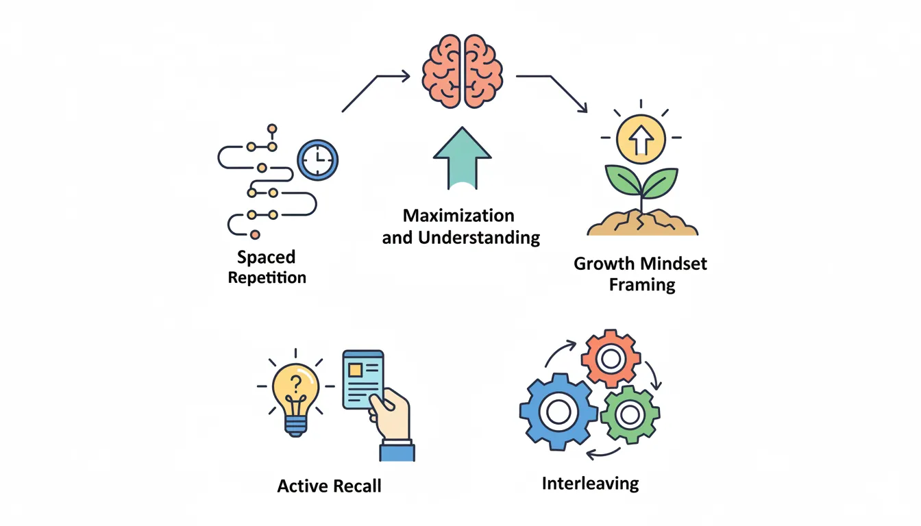 Diagram of evidence-based learning strategies showing spaced repetition, active recall, and interleaving