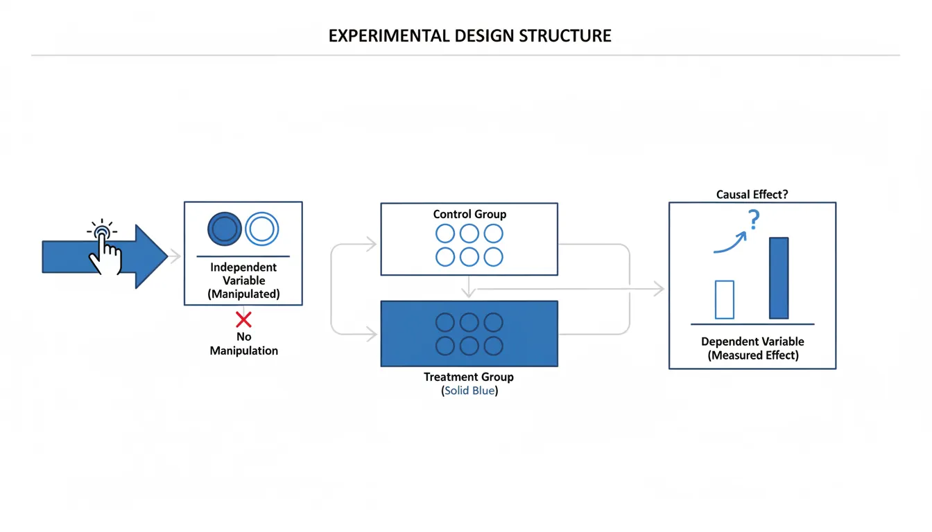 Diagram showing the structure of an experiment with independent variable, dependent variable, and control vs treatment groups