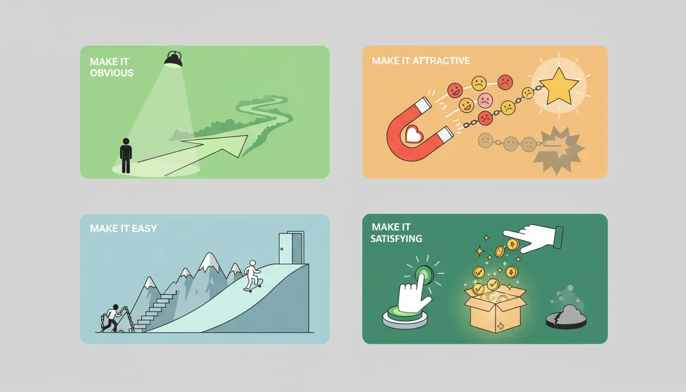 Framework diagram showing the four laws of behavior change: make it obvious, attractive, easy, and satisfying