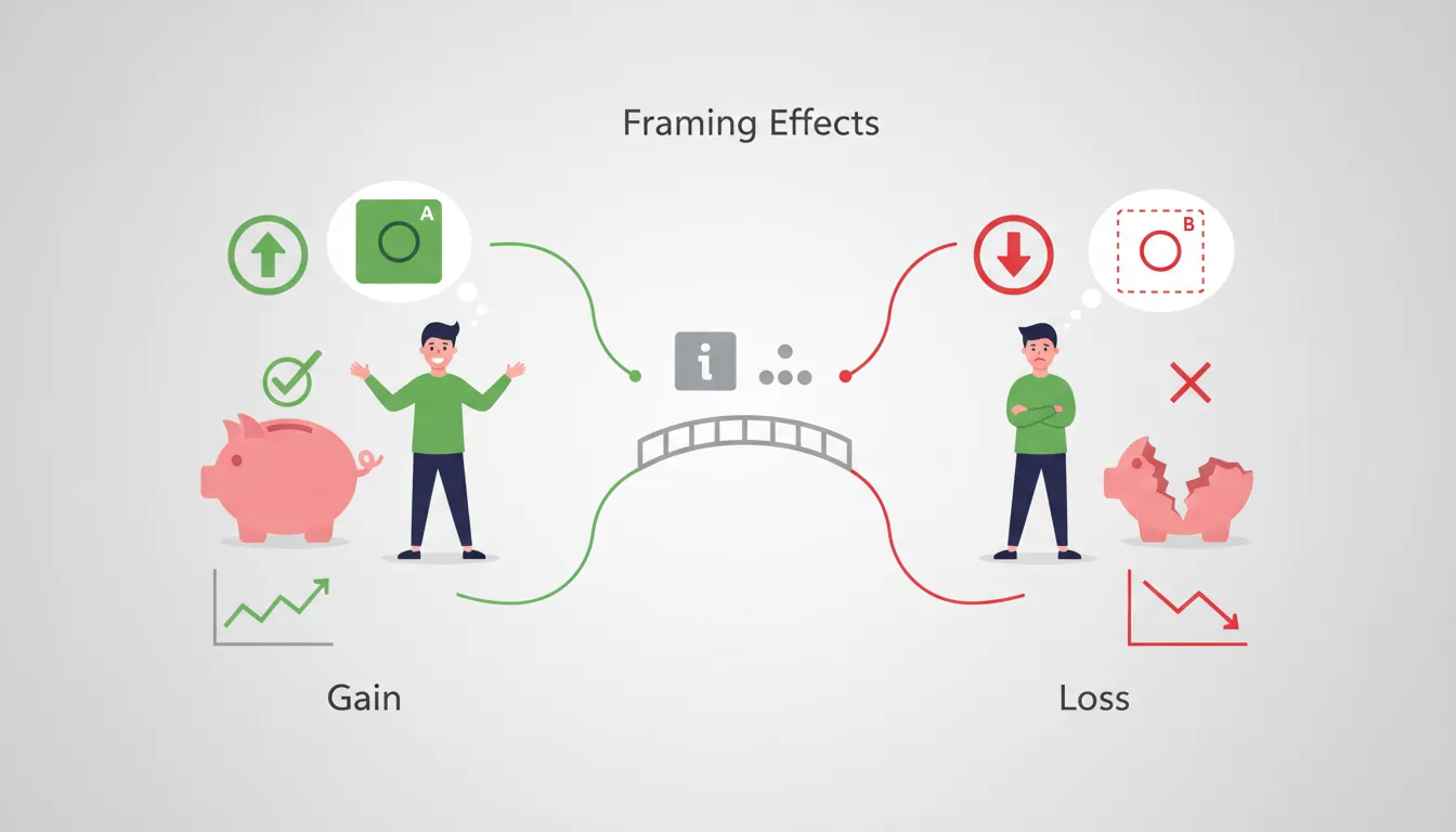 Split diagram showing how identical information framed as gains versus losses produces different decision outcomes