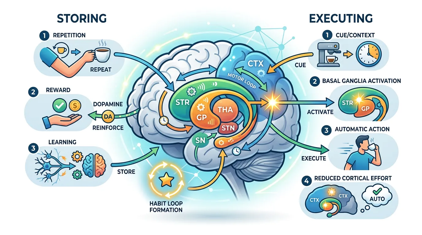 Cross-section diagram of the brain highlighting the basal ganglia where automatic habits are stored and processed