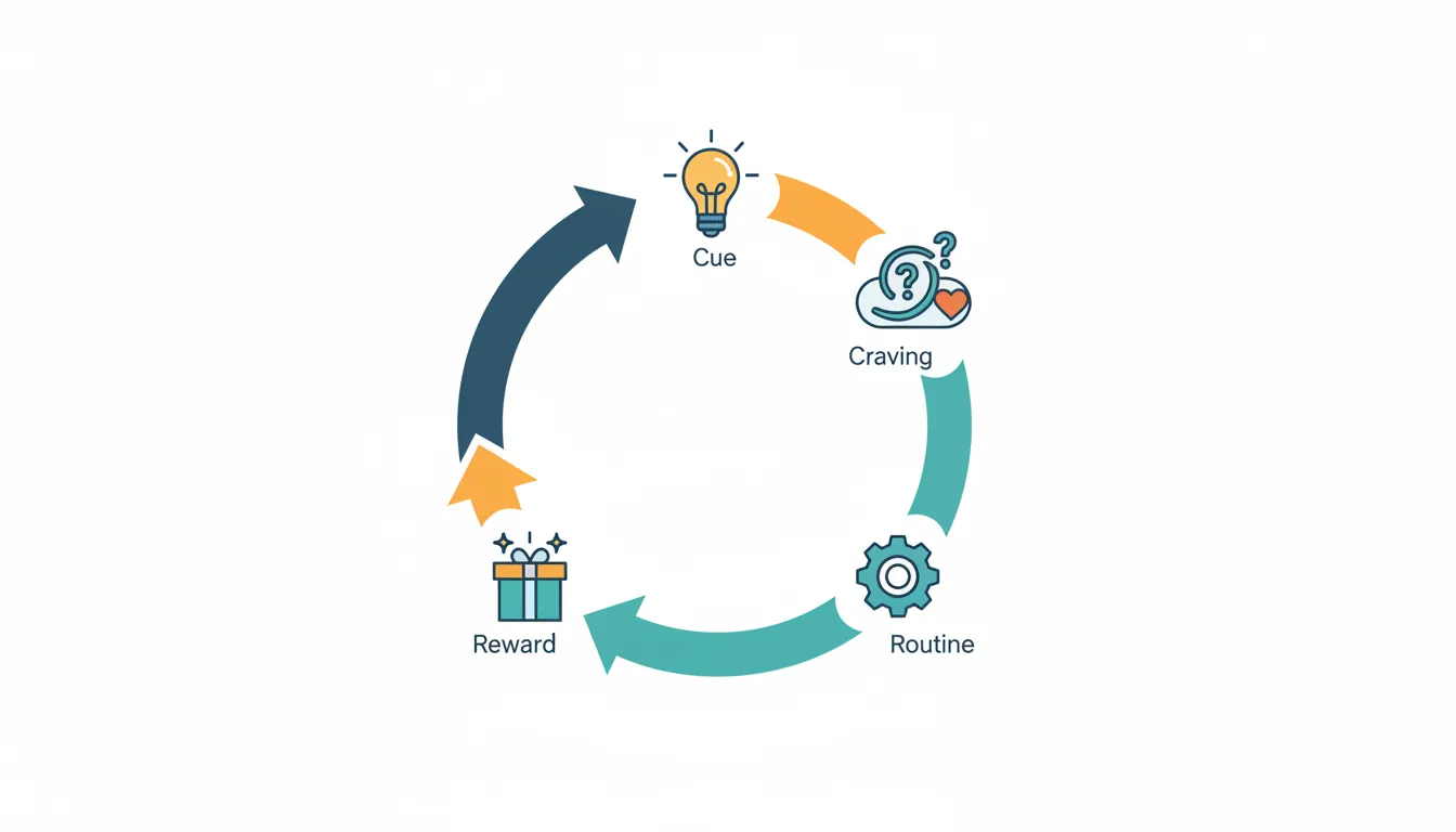 Circular diagram of the habit loop showing cue, craving, routine, and reward stages with connecting arrows