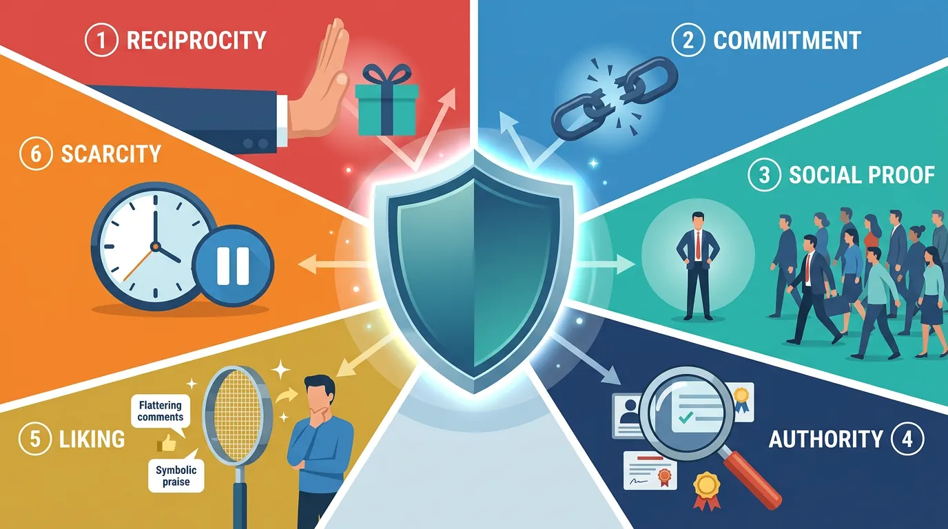 Shield diagram showing defense strategies against each of Cialdini's six influence principles