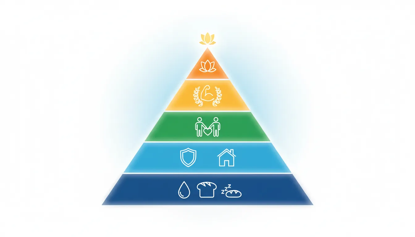 Pyramid diagram of Maslow's hierarchy of needs from physiological base to self-actualization peak