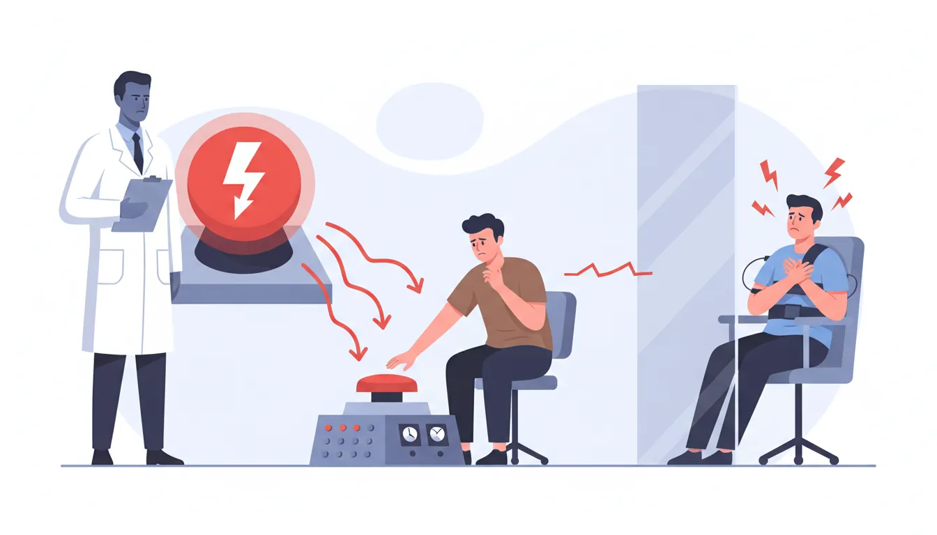Illustration of the Milgram experiment setup showing the participant, authority figure, and learner arrangement