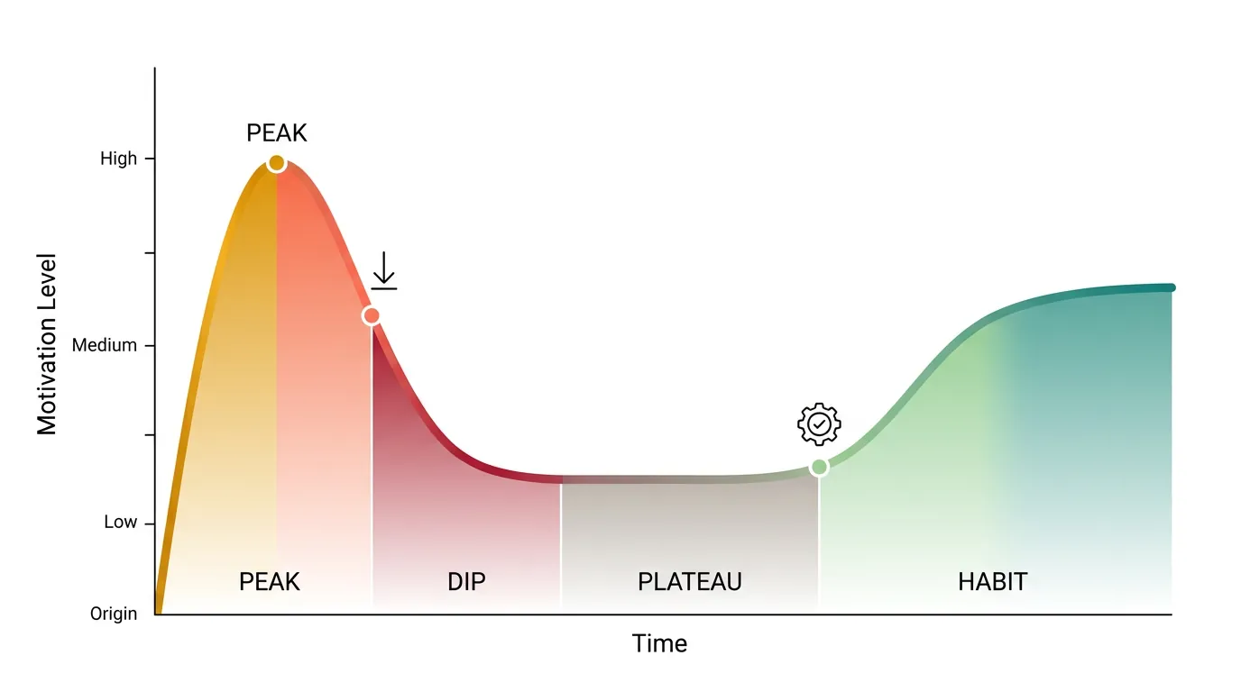 Chart showing the motivation wave pattern from peak enthusiasm through reality dip and plateau to habit formation