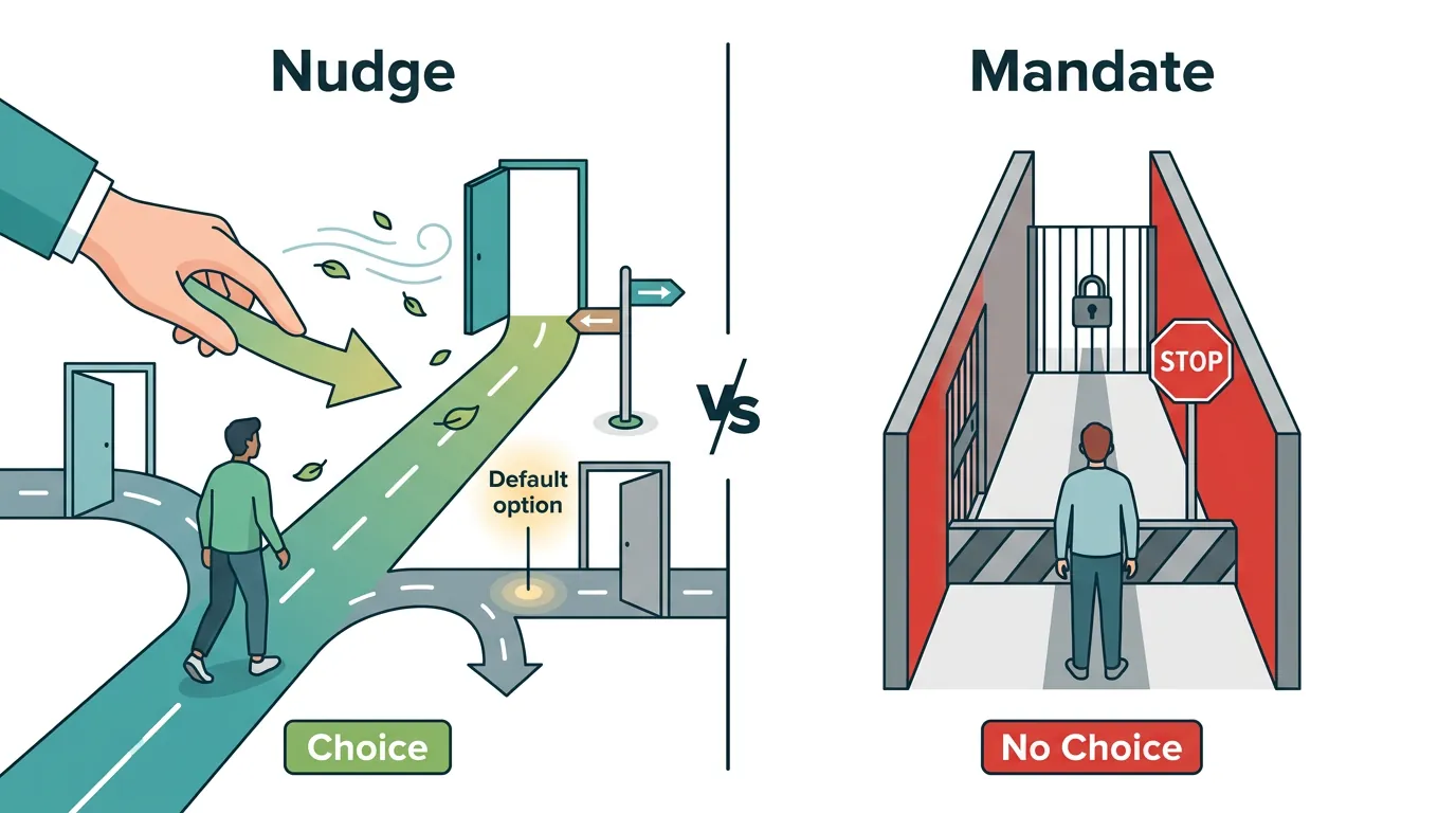 Side-by-side comparison diagram showing how nudges preserve choice freedom while mandates restrict options