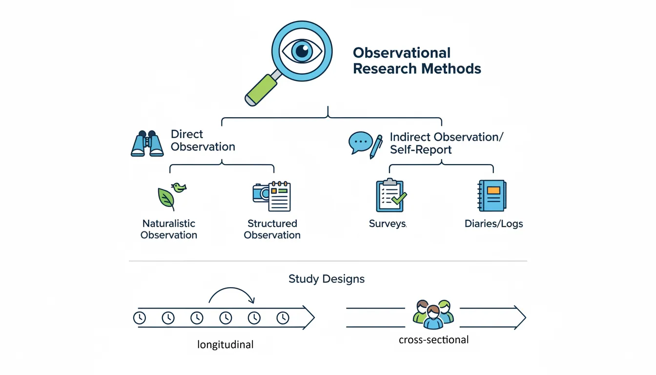 Taxonomy of observational methods including naturalistic observation, surveys, longitudinal, and cross-sectional studies