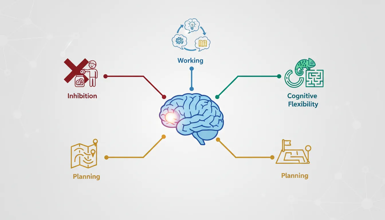 Diagram of prefrontal cortex executive functions including inhibition, working memory, cognitive flexibility, and planning