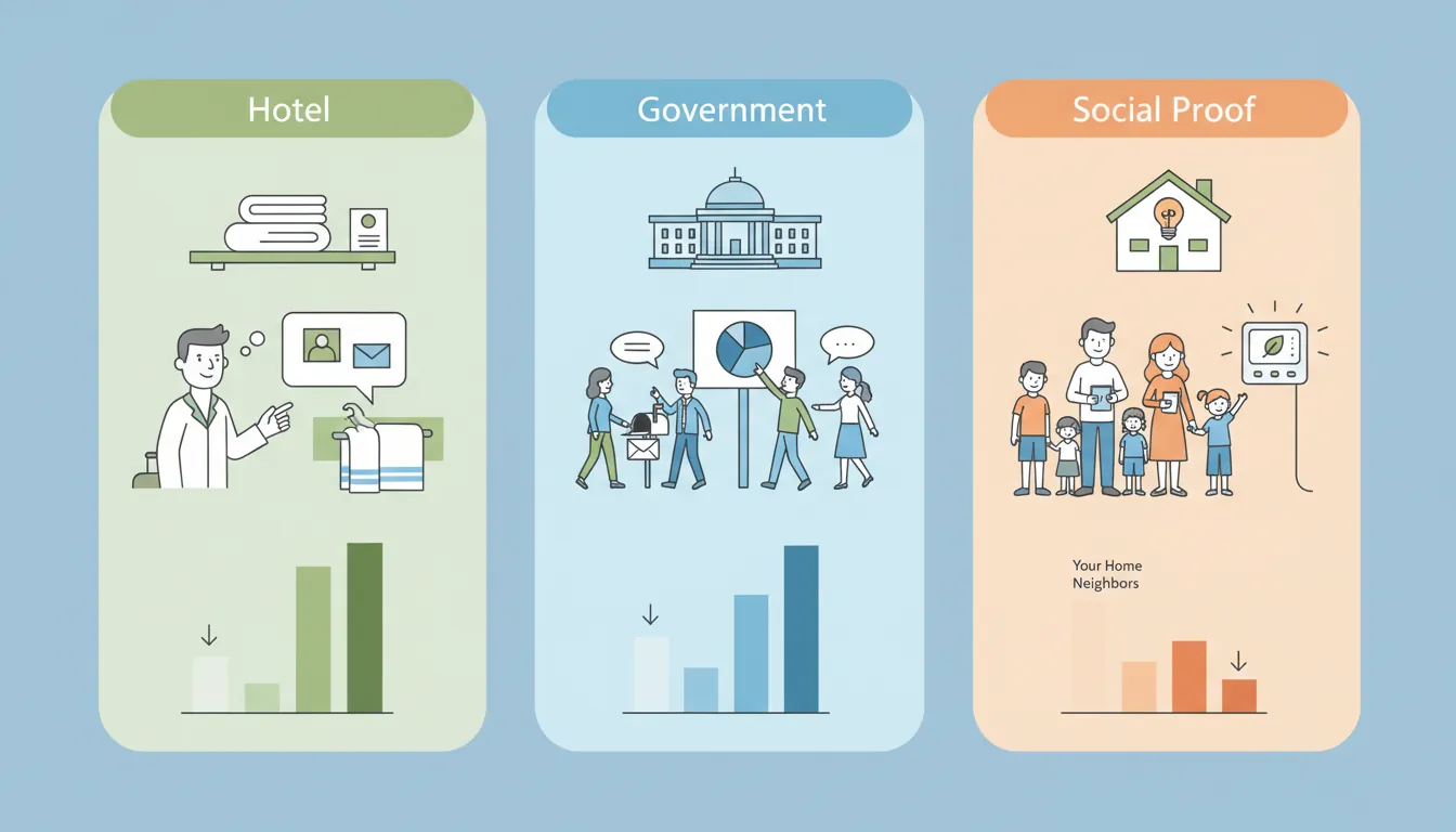 Infographic showing real-world social proof effects on towel reuse, tax compliance, and energy consumption