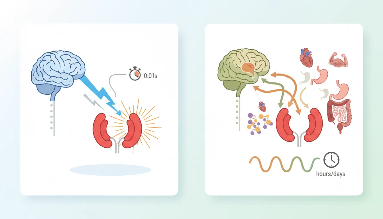 Illustration of the HPA axis stress response pathway showing adrenaline and cortisol release timelines