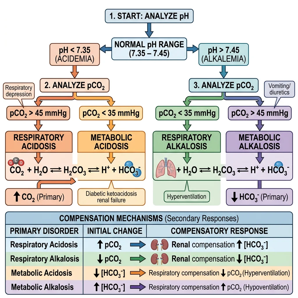 Clinical flowchart for arterial blood gas interpretation showing the four primary acid-base disorders: metabolic acidosis, metabolic alkalosis, respiratory acidosis, and respiratory alkalosis