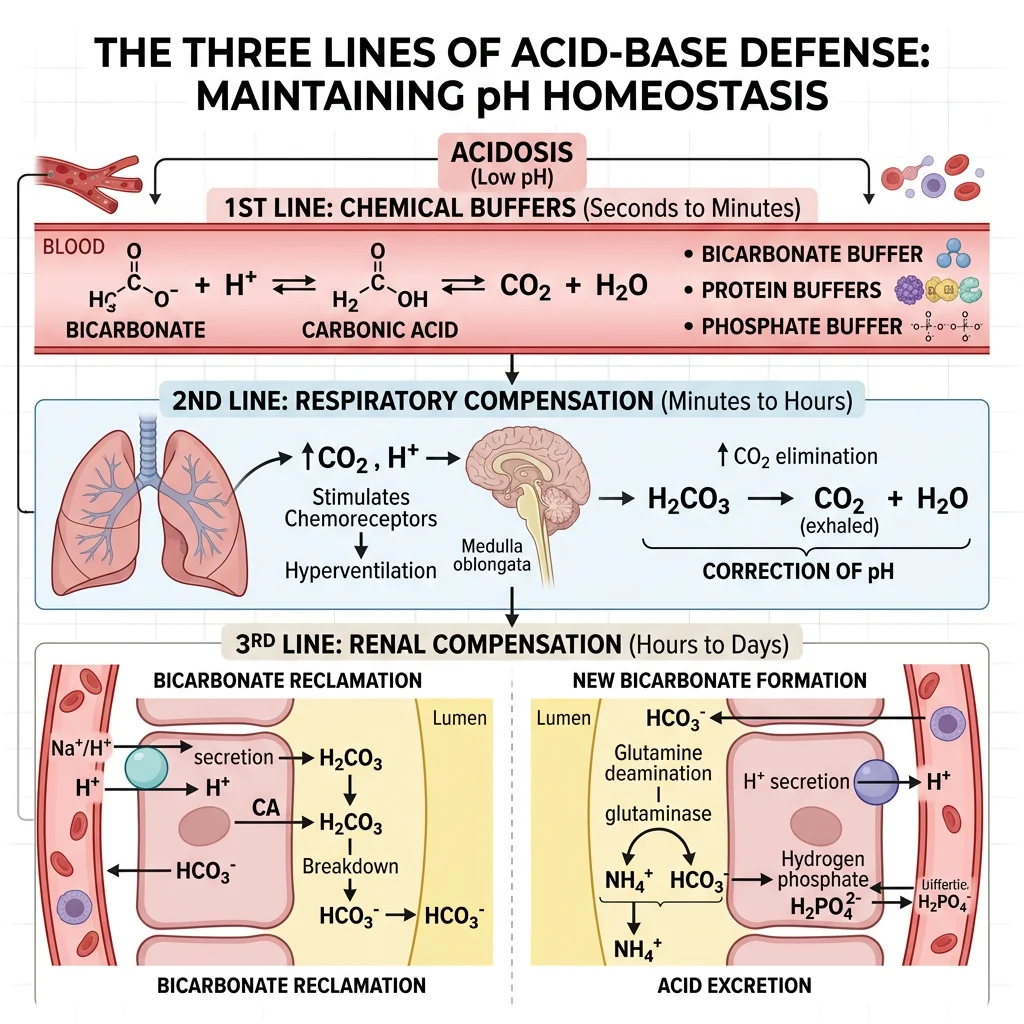 Diagram showing the three lines of acid-base defence: chemical buffers, respiratory compensation, and renal bicarbonate reclamation with ammonium excretion