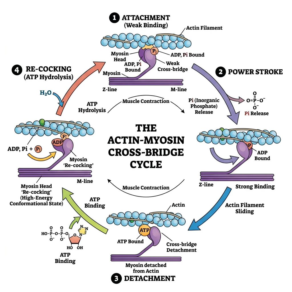 Circular diagram of the four-step actin-myosin cross-bridge cycle showing attachment, power stroke with Pi release, detachment upon ATP binding, and myosin re-cocking via ATP hydrolysis