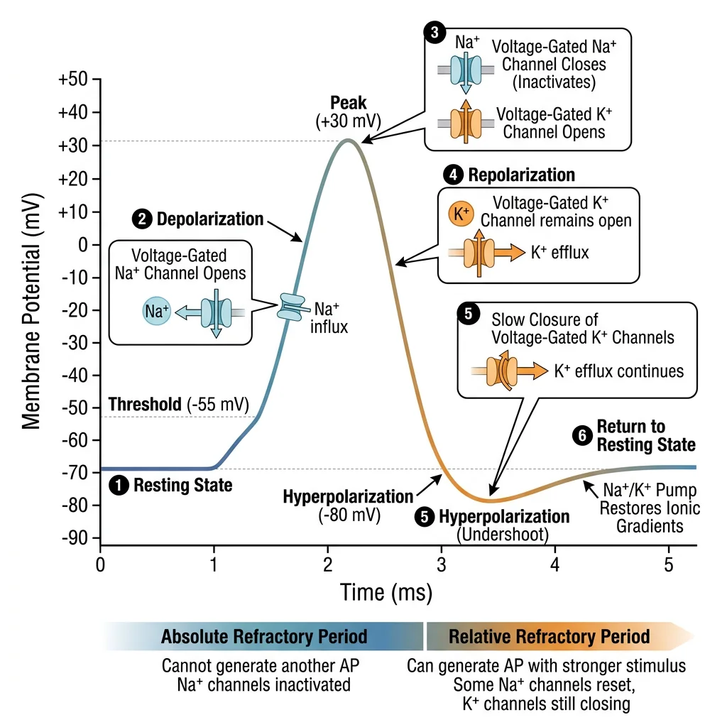 Diagram of an action potential waveform showing resting potential at -70mV, depolarization phase with Na+ channel opening, peak at +30mV, repolarization with K+ channel opening, hyperpolarization, and refractory periods