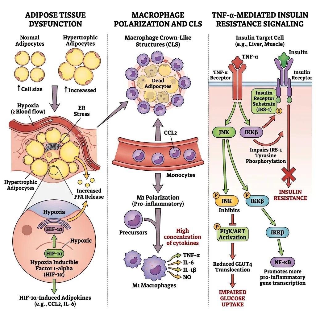 Adipose tissue inflammation cascade showing adipocyte hypertrophy, hypoxia, macrophage crown-like structures, M1 polarization, and TNF-alpha-mediated insulin resistance via JNK and IKKβ