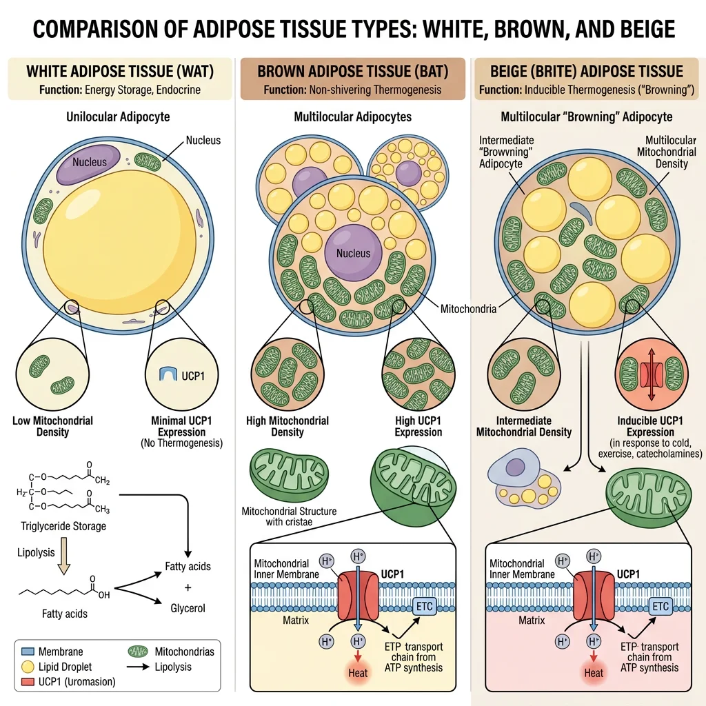 Comparison of white, brown, and beige adipose tissue showing unilocular vs multilocular lipid droplets, mitochondrial density, and UCP1 expression