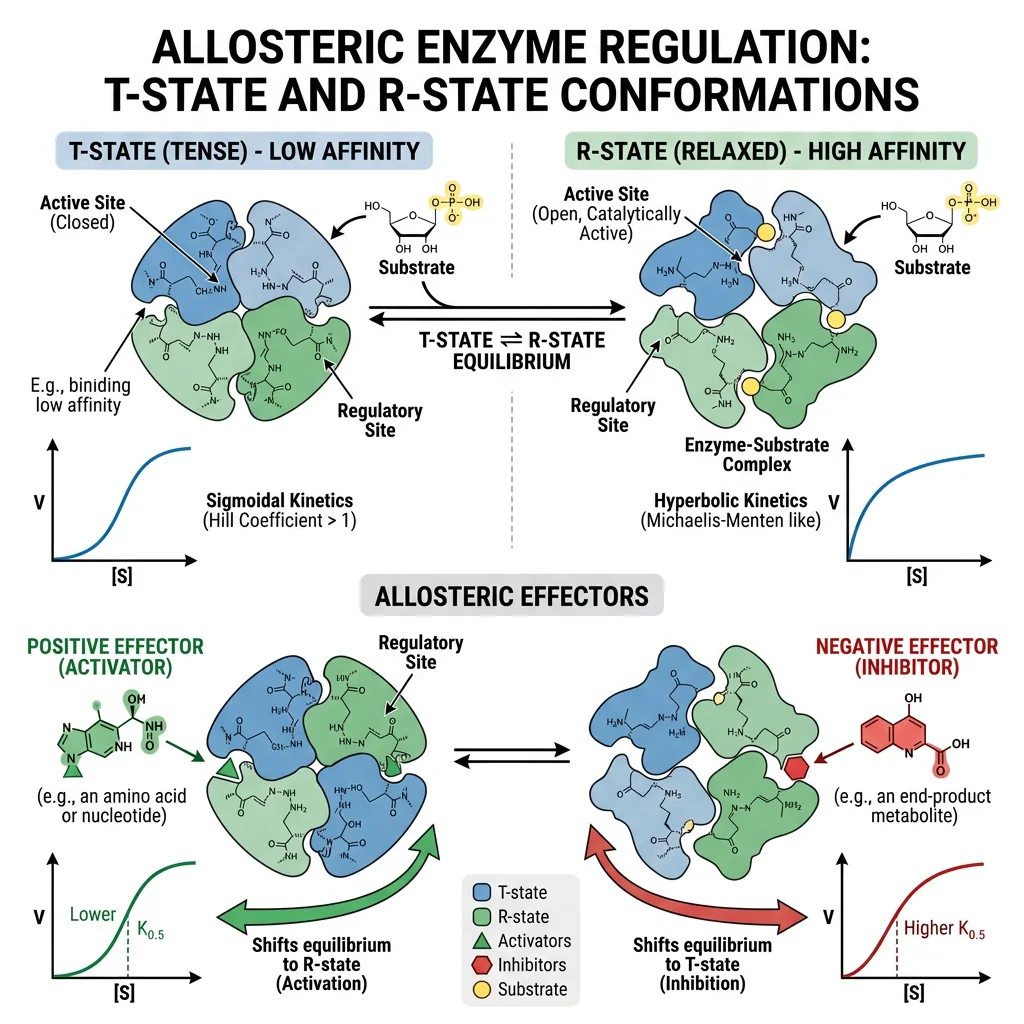 Allosteric enzyme showing T-state (tense, low affinity) and R-state (relaxed, high affinity) conformations with positive and negative effectors binding at regulatory sites distinct from the active site