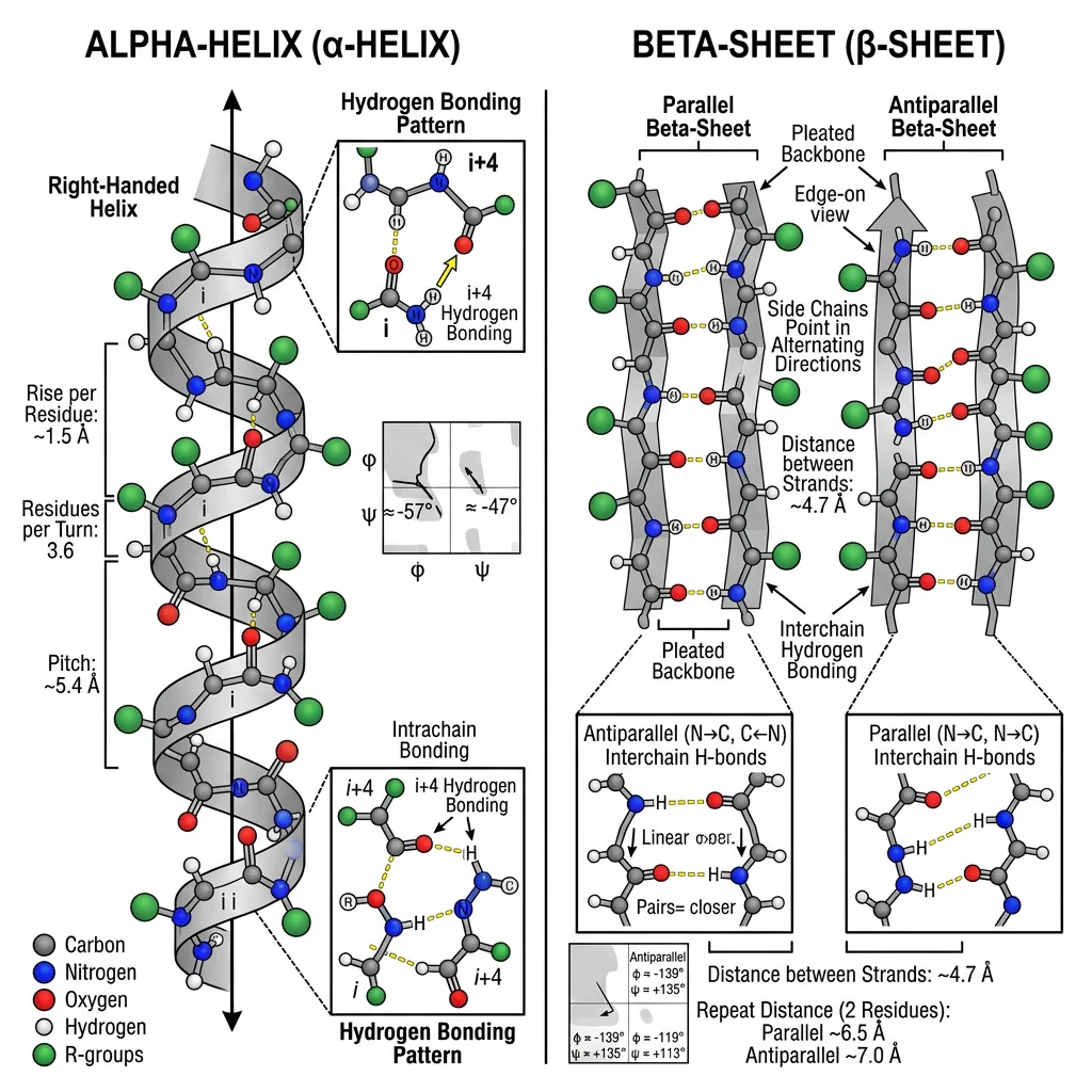 Side-by-side comparison of alpha-helix and beta-sheet secondary structures showing backbone hydrogen bonding patterns, dimensions, and characteristic features
