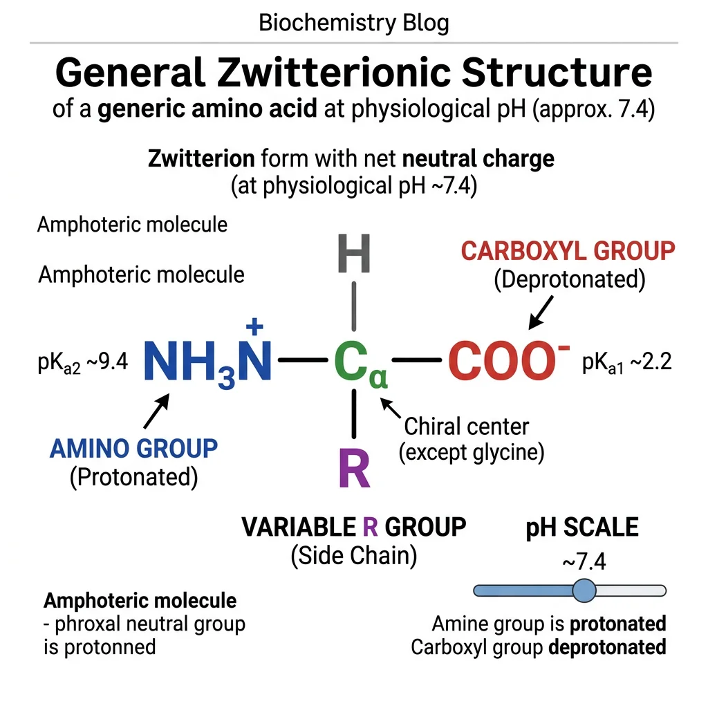General amino acid structure showing the central alpha-carbon bonded to an amino group, carboxyl group, hydrogen atom, and variable R group side chain in zwitterionic form at physiological pH