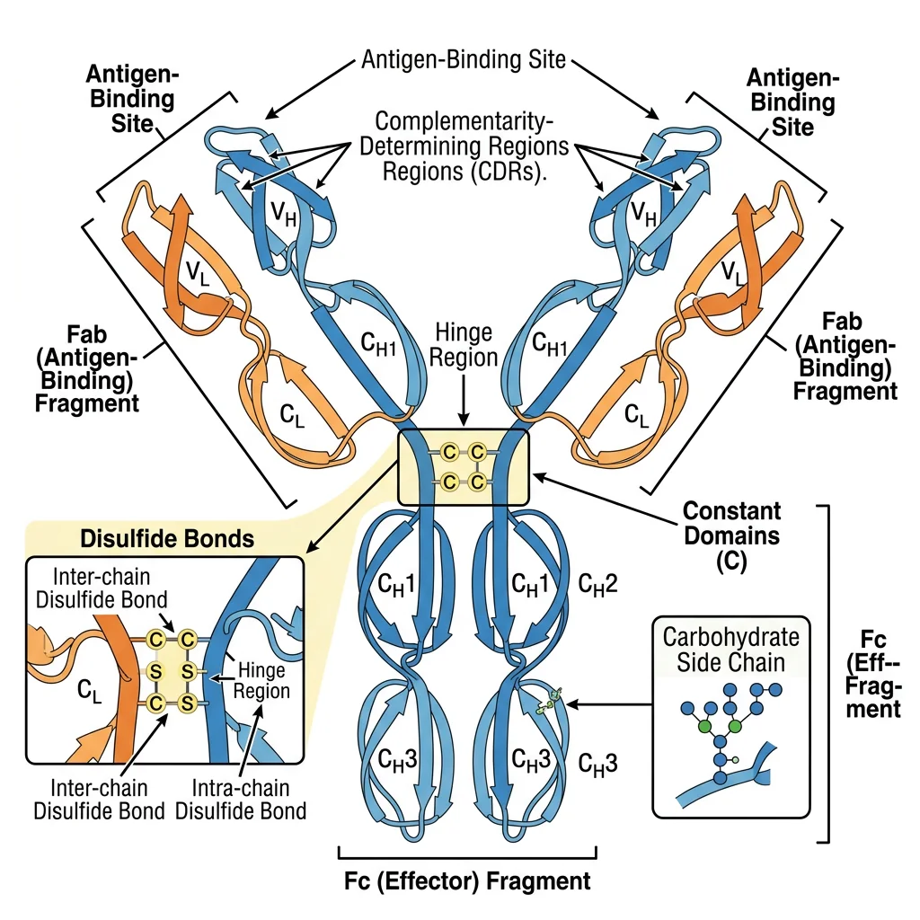 Y-shaped antibody structure showing Fab antigen-binding regions, Fc effector region, heavy and light chains with disulphide bonds