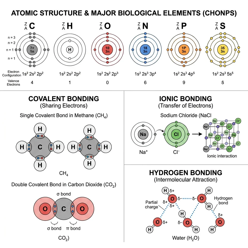 Diagram showing atomic structure with electron shells and the six major biological elements CHONPS forming covalent, ionic, and hydrogen bonds