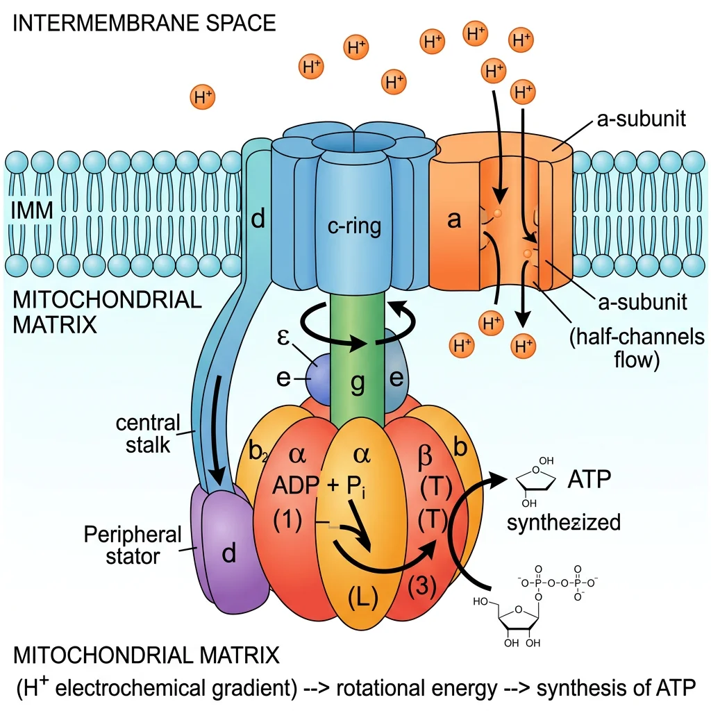 Cross-section diagram of ATP synthase showing the F0 rotor embedded in the membrane and the F1 catalytic head protruding into the matrix, with proton flow through the c-ring driving rotation of the gamma shaft