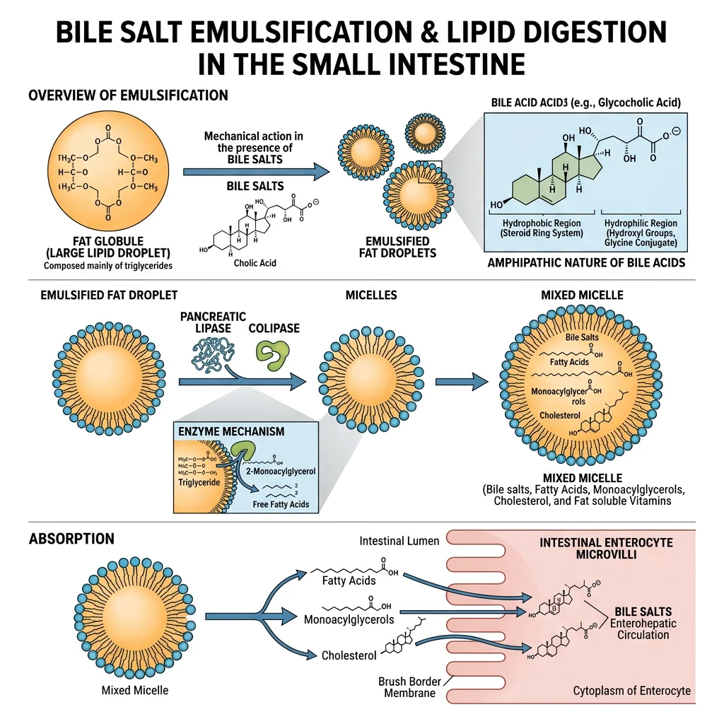 Bile salt emulsification process showing amphipathic bile acids surrounding lipid droplets to form micelles for lipase access