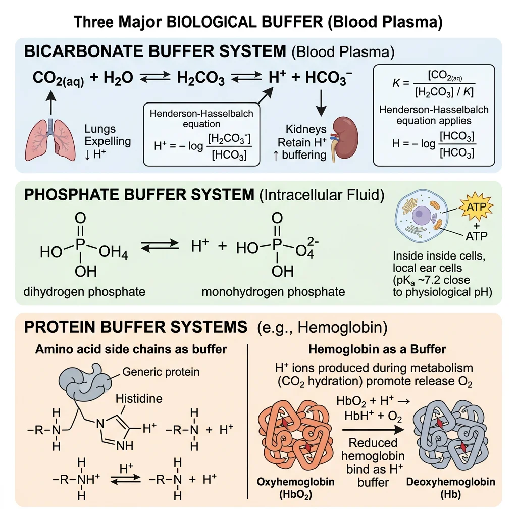 Diagram comparing the three major biological buffer systems: bicarbonate buffer in blood plasma, phosphate buffer in intracellular fluid, and protein buffers including hemoglobin