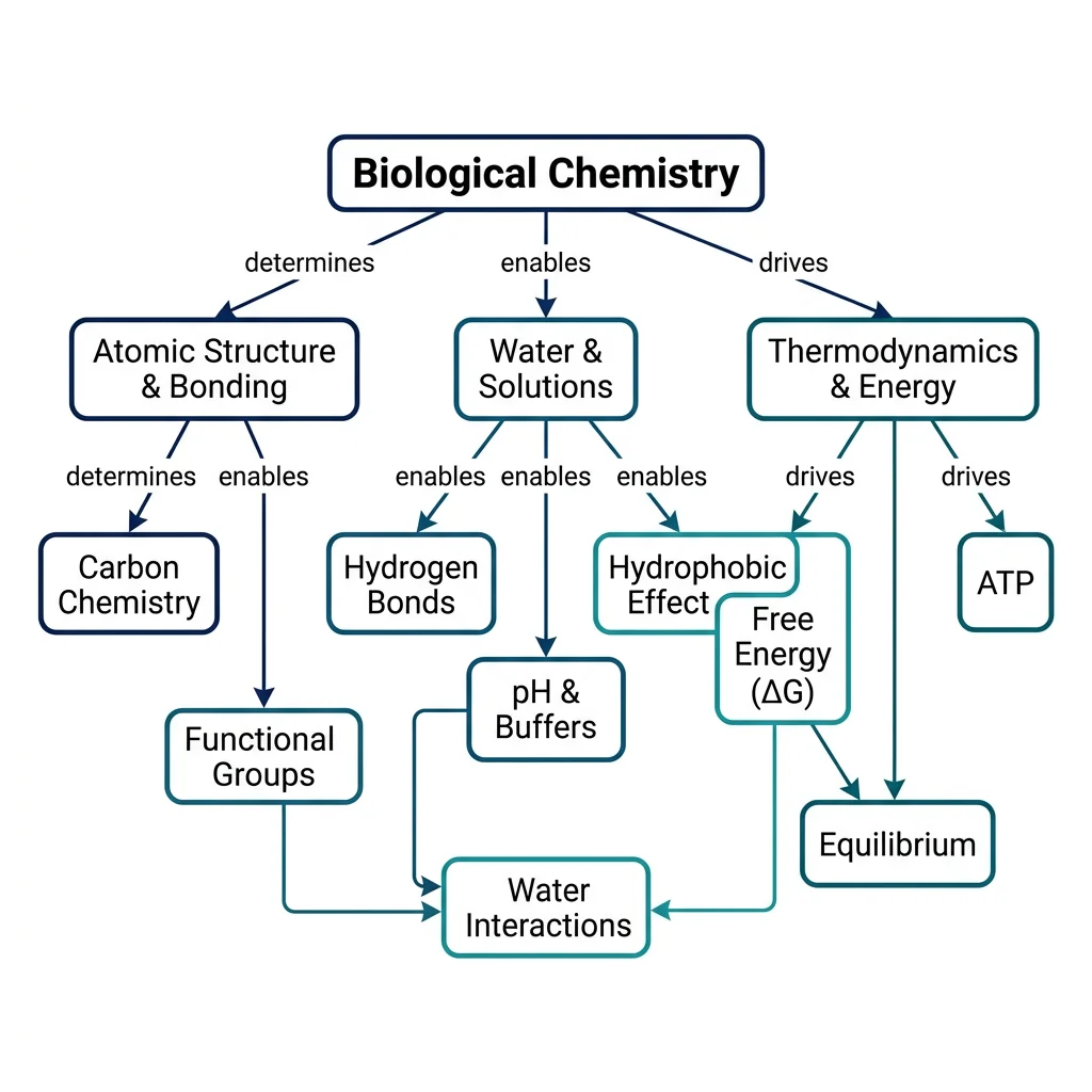 Concept map showing relationships between atoms, bonds, functional groups, water interactions, and thermodynamics in biological chemistry