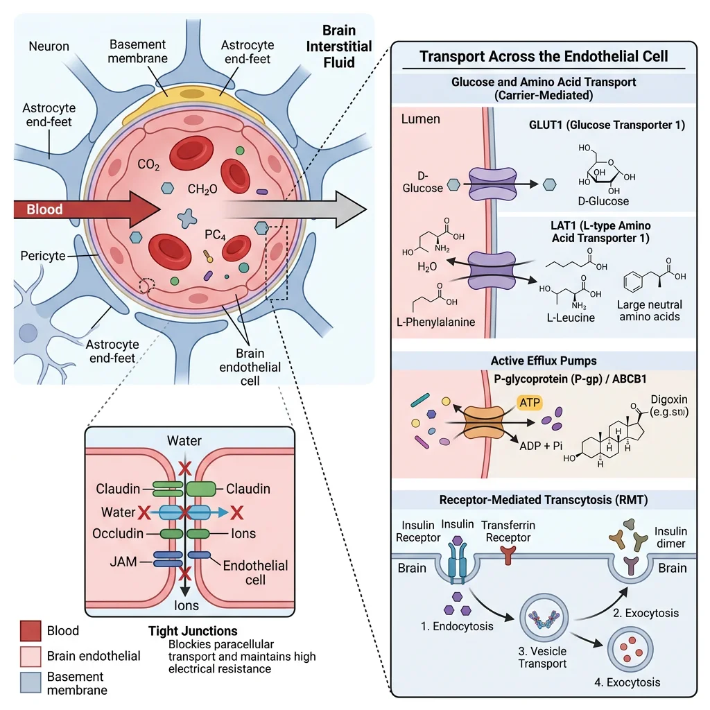 Cross-section diagram of the blood-brain barrier showing capillary endothelial cells with tight junctions, astrocyte end-feet wrapping the vessel, pericytes, and labeled transport systems including GLUT1, LAT1, P-glycoprotein efflux pumps, and receptor-mediated transcytosis