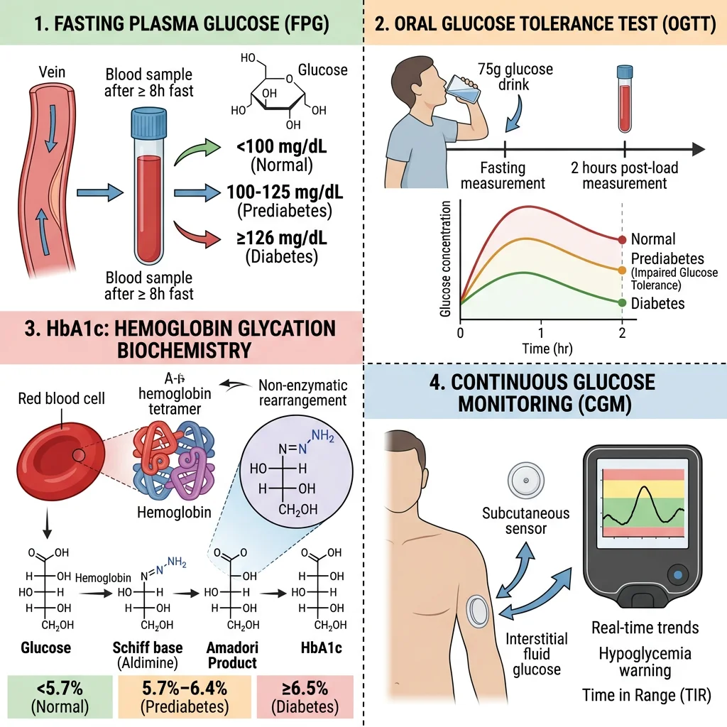Blood glucose testing methods comparison showing fasting plasma glucose, oral glucose tolerance test, HbA1c glycation biochemistry via Schiff base and Amadori rearrangement, and continuous glucose monitoring