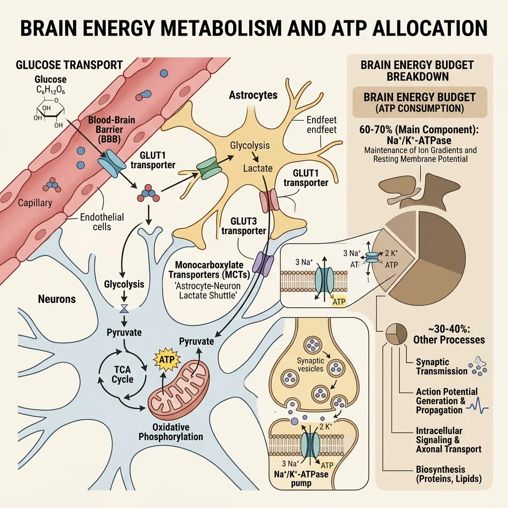 Diagram of brain energy metabolism showing glucose crossing the blood-brain barrier via GLUT1, entering neurons via GLUT3, and the breakdown of energy budget with 60-70% going to Na+/K+-ATPase for ion gradient maintenance