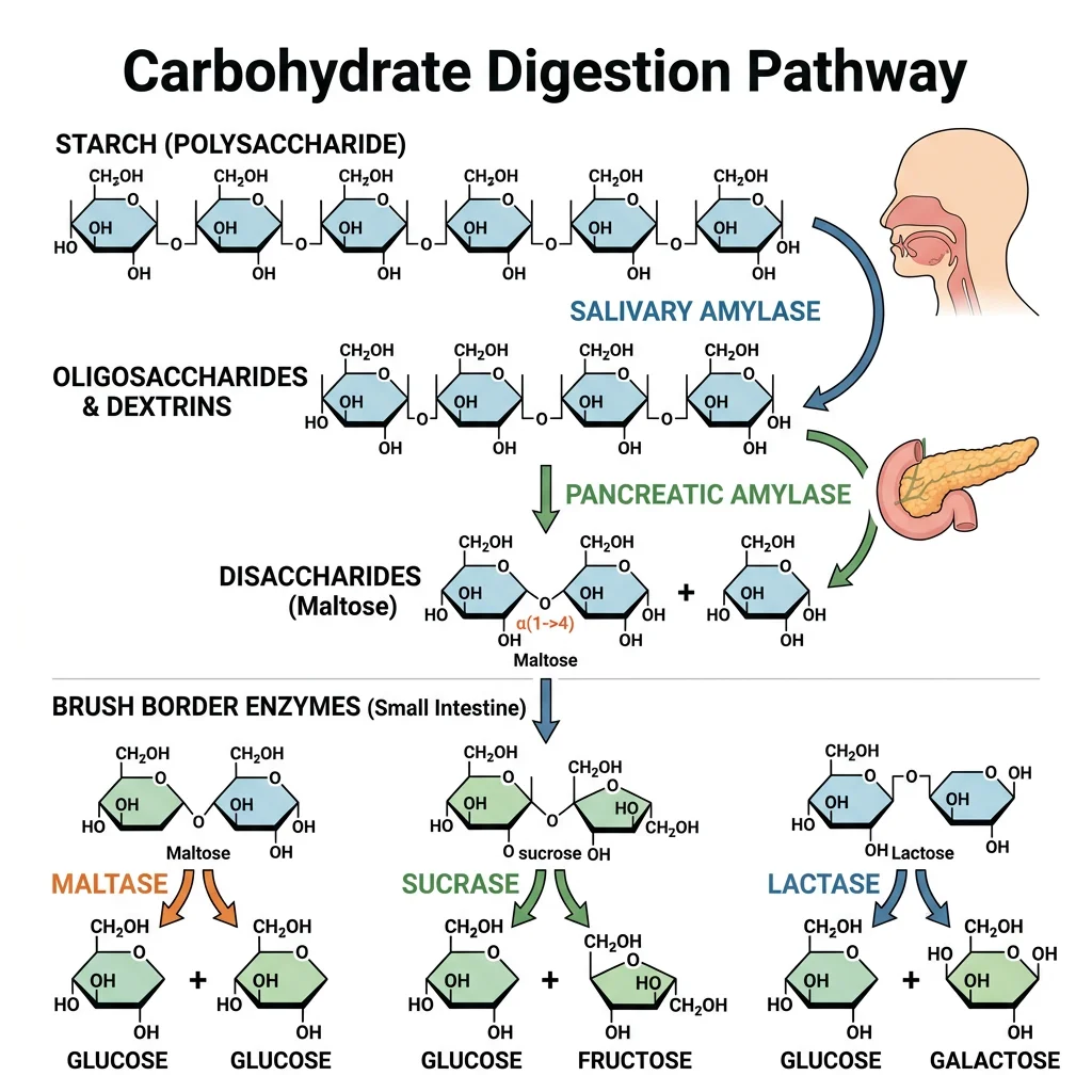Sequential carbohydrate digestion from starch to monosaccharides showing salivary amylase, pancreatic amylase, and brush border enzyme stages