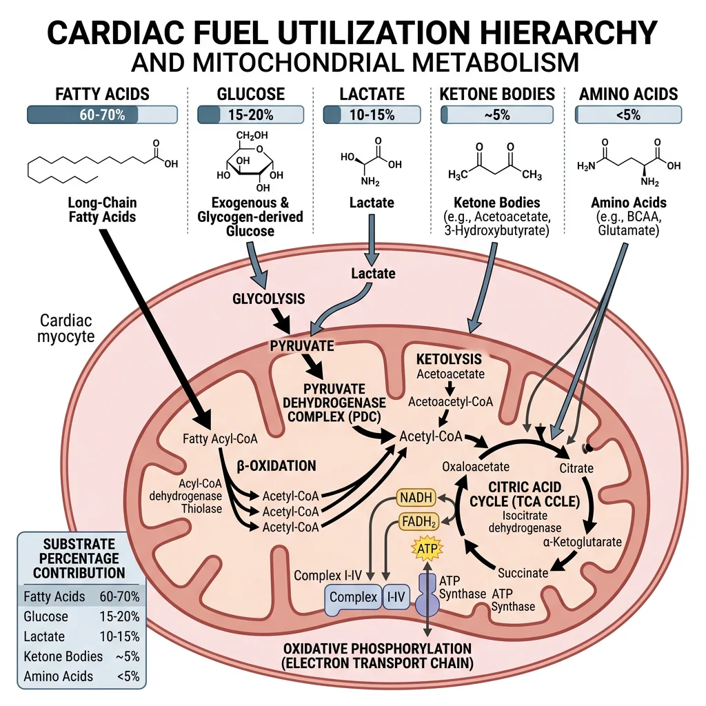 Diagram showing the heart's fuel hierarchy with fatty acids as the primary substrate at 60-70%, followed by glucose, lactate, ketone bodies, and amino acids entering cardiac mitochondria