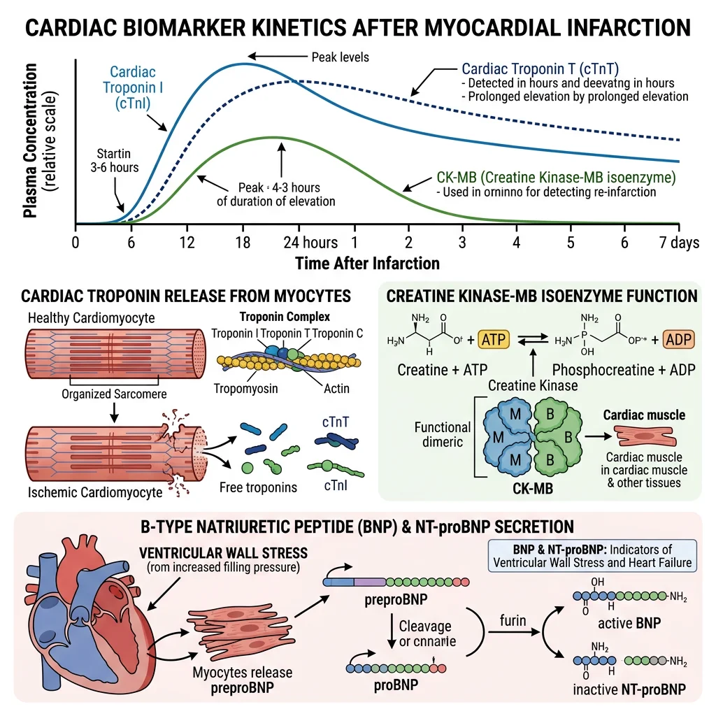 Cardiac biomarker timeline showing troponin I and T release kinetics after myocardial infarction, CK-MB rise and fall curve, and BNP/NT-proBNP secretion in response to ventricular wall stress