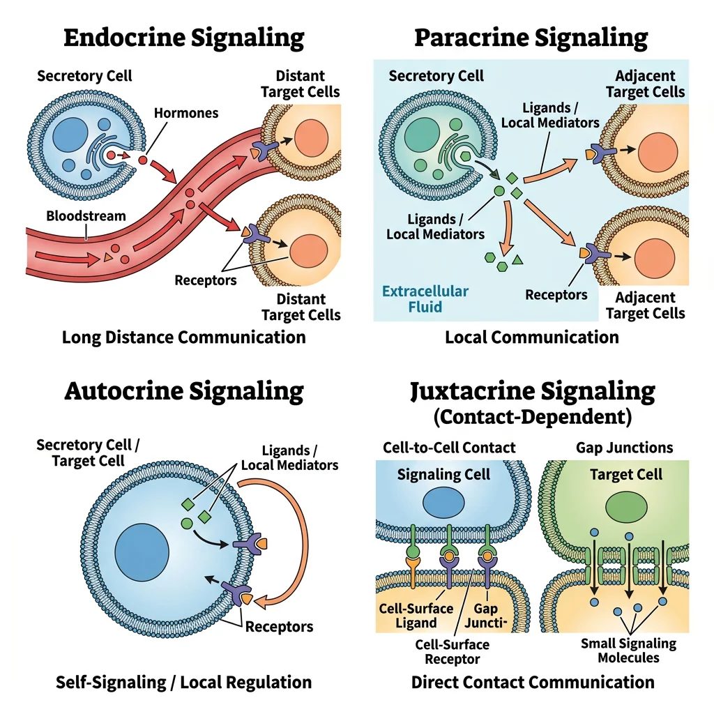 Diagram showing the four modes of cell signaling: endocrine, paracrine, autocrine, and juxtacrine communication between cells
