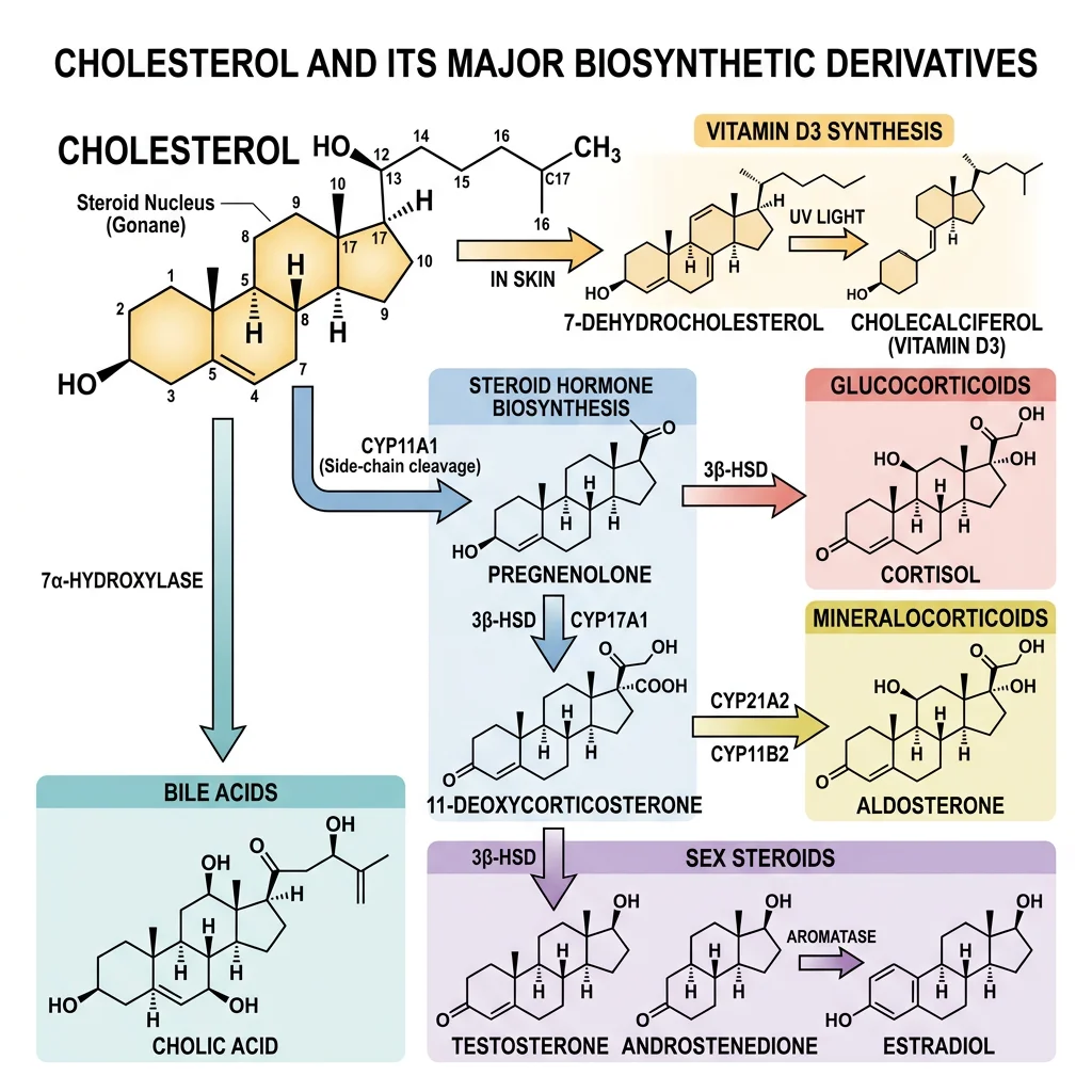 Cholesterol four-ring steroid structure and its derivative biosynthetic pathway showing conversion to steroid hormones (testosterone, estradiol, cortisol, aldosterone), bile acids, and vitamin D