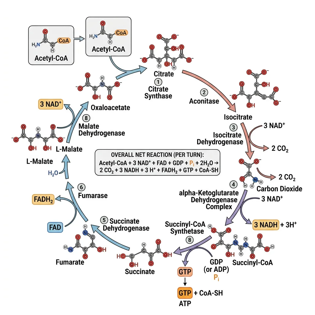 Circular diagram of the citric acid cycle showing all eight reactions, enzymes, and the production of 3 NADH, 1 FADH2, 1 GTP, and 2 CO2 per turn