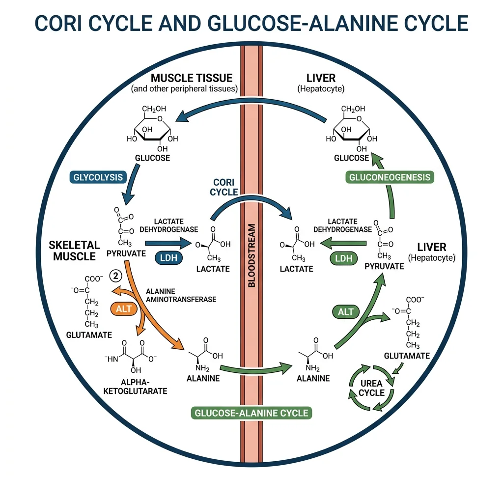 Circular diagram of the Cori cycle and glucose-alanine cycle showing lactate and alanine shuttling between muscle and liver