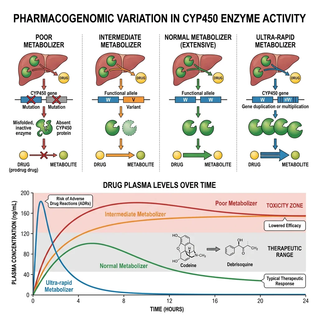 Pharmacogenomic variation in CYP450 enzyme activity showing poor, intermediate, normal, and ultra-rapid metabolizer phenotypes and their effects on drug plasma levels