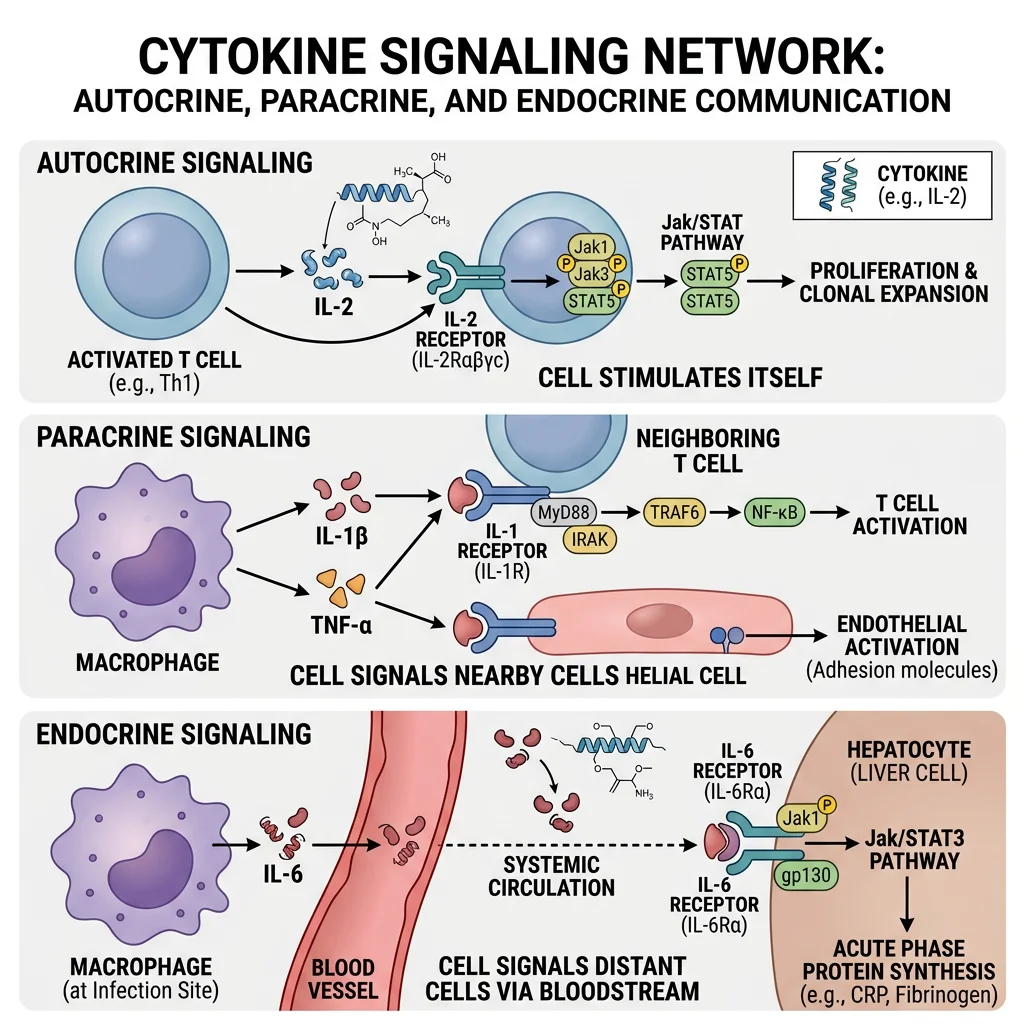 Cytokine signaling network showing autocrine, paracrine, and endocrine communication between immune cells