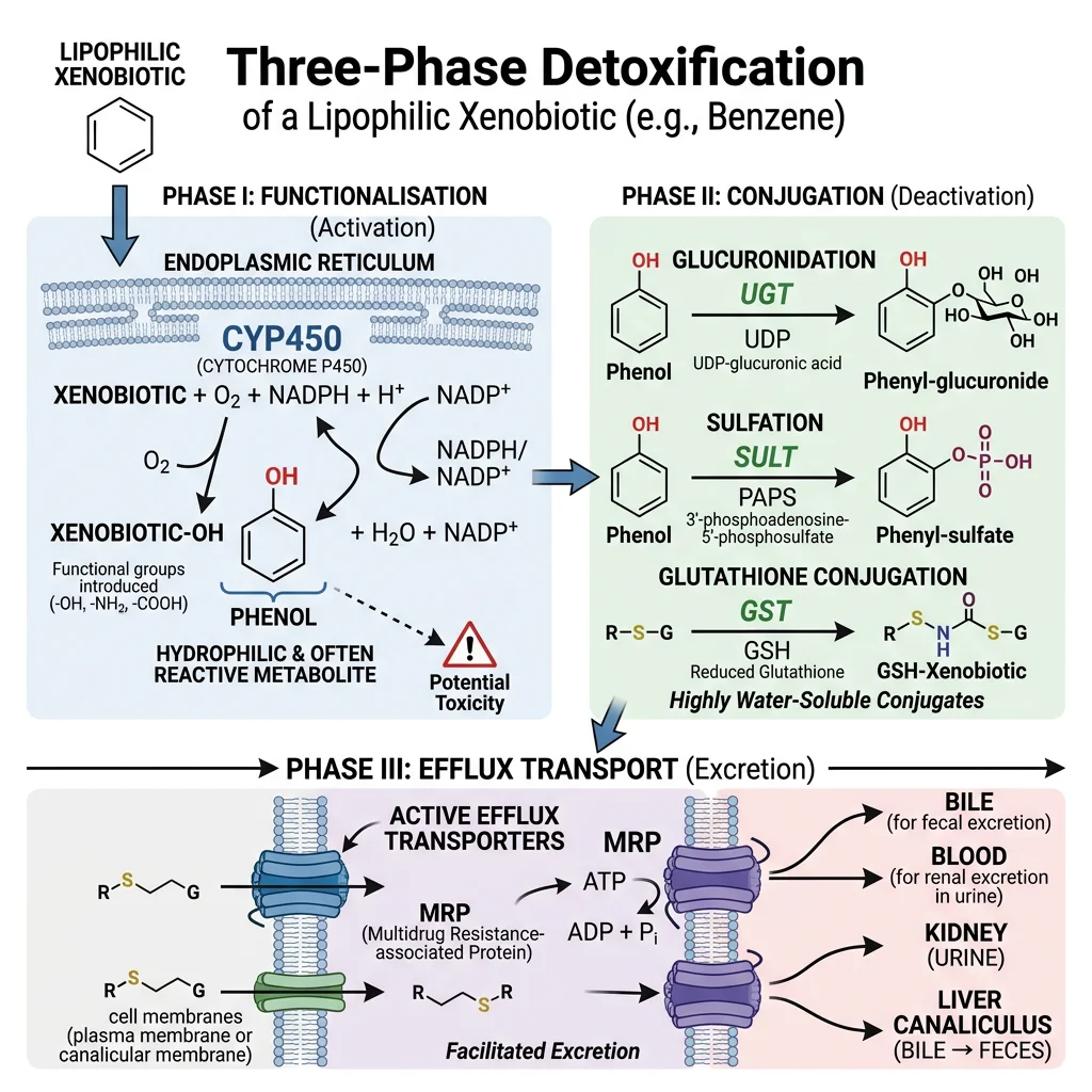 Three-phase detoxification diagram showing Phase I functionalisation by cytochrome P450, Phase II conjugation, and Phase III efflux transport