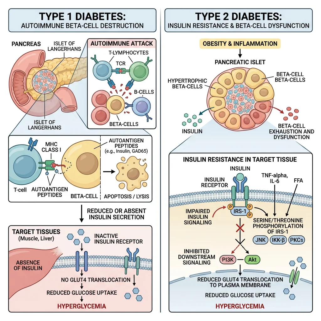 Comparison of Type 1 and Type 2 diabetes showing autoimmune beta-cell destruction versus insulin resistance mechanisms at the molecular level