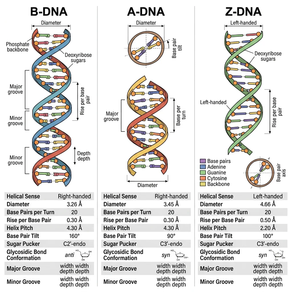 Side-by-side comparison of B-DNA, A-DNA, and Z-DNA double helix conformations showing differences in helix diameter, base tilt, and groove dimensions