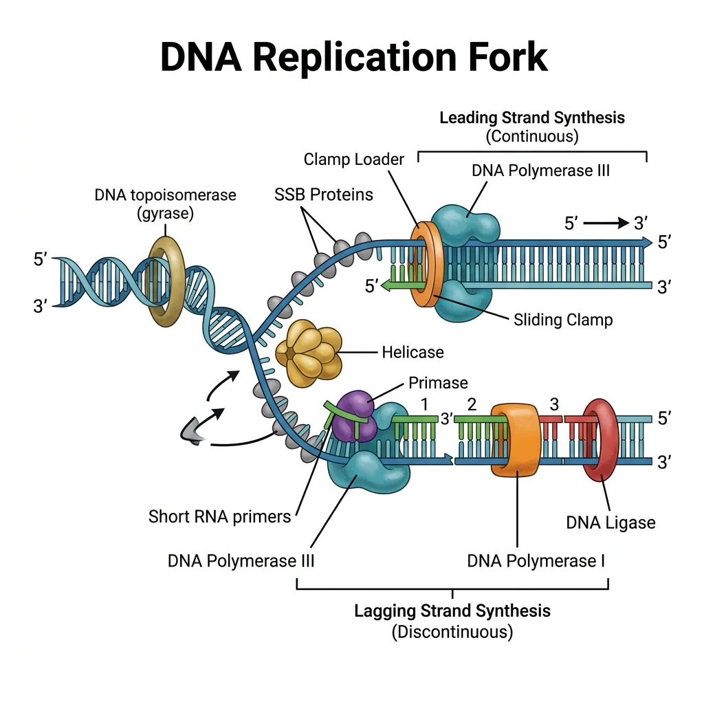 Illustration of a DNA replication fork showing helicase unwinding, leading strand continuous synthesis, lagging strand Okazaki fragments, primase, and DNA polymerase III