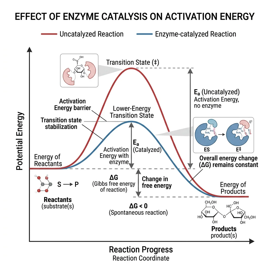 Diagram showing activation energy with and without enzyme catalysis, comparing uncatalyzed reaction pathway over a high energy barrier versus enzyme-catalyzed pathway through a lower energy barrier
