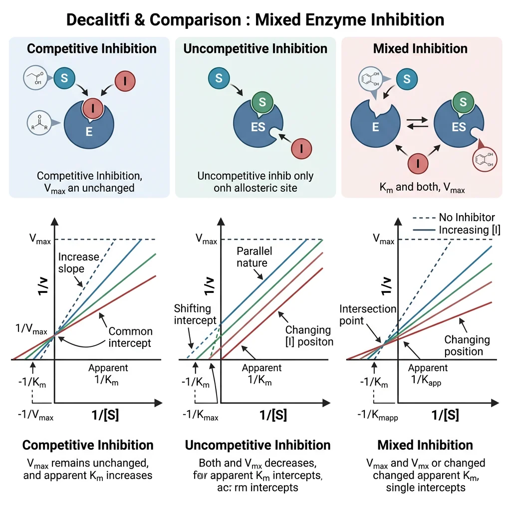 Comparison of competitive, uncompetitive, and mixed enzyme inhibition types showing where each inhibitor binds relative to the active site and the corresponding Lineweaver-Burk plot patterns