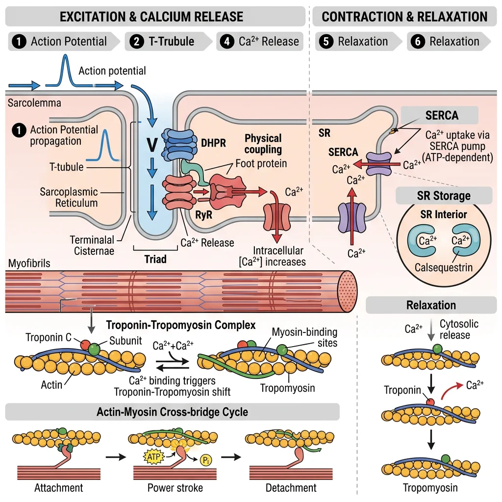 Diagram of excitation-contraction coupling showing action potential traveling down T-tubules, DHPR activating RyR on sarcoplasmic reticulum, calcium release binding troponin C, and SERCA pumping calcium back for relaxation