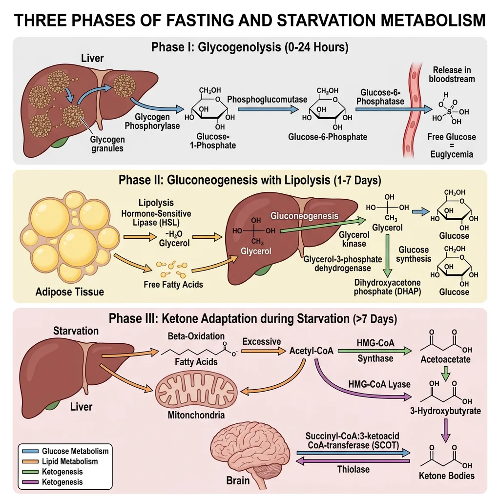 Three-phase diagram of fasting metabolism showing glycogenolysis, gluconeogenesis with lipolysis, and ketone adaptation during starvation